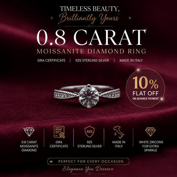 0.8 Carat GRA Certified Moissanite Diamond Ring — 925 Italian Sterling Silver | Luxury Gift
