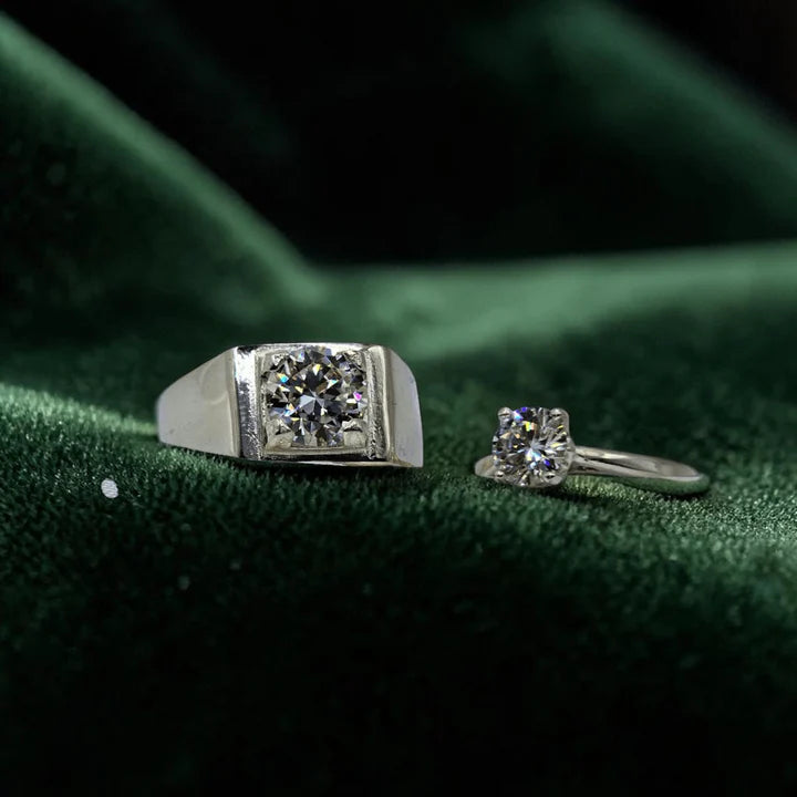 Moissanite Diamond Couple Rings |Silver| 1 Carat Ladies & 2 Carat Gents |GRA Certificates